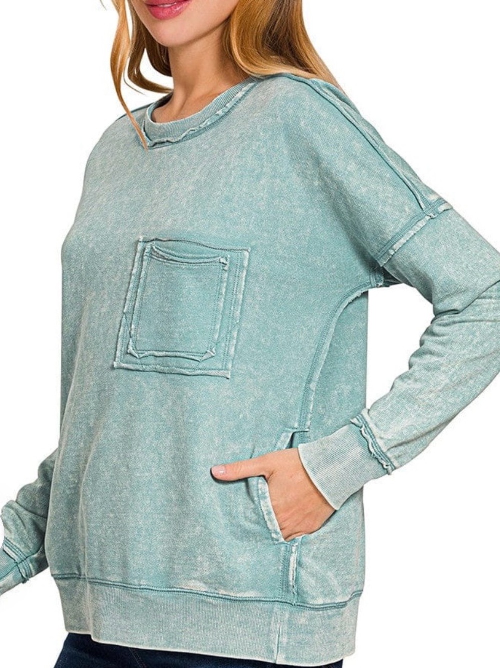 Zenana French Terry Acid Wash Front Pocket Pullover